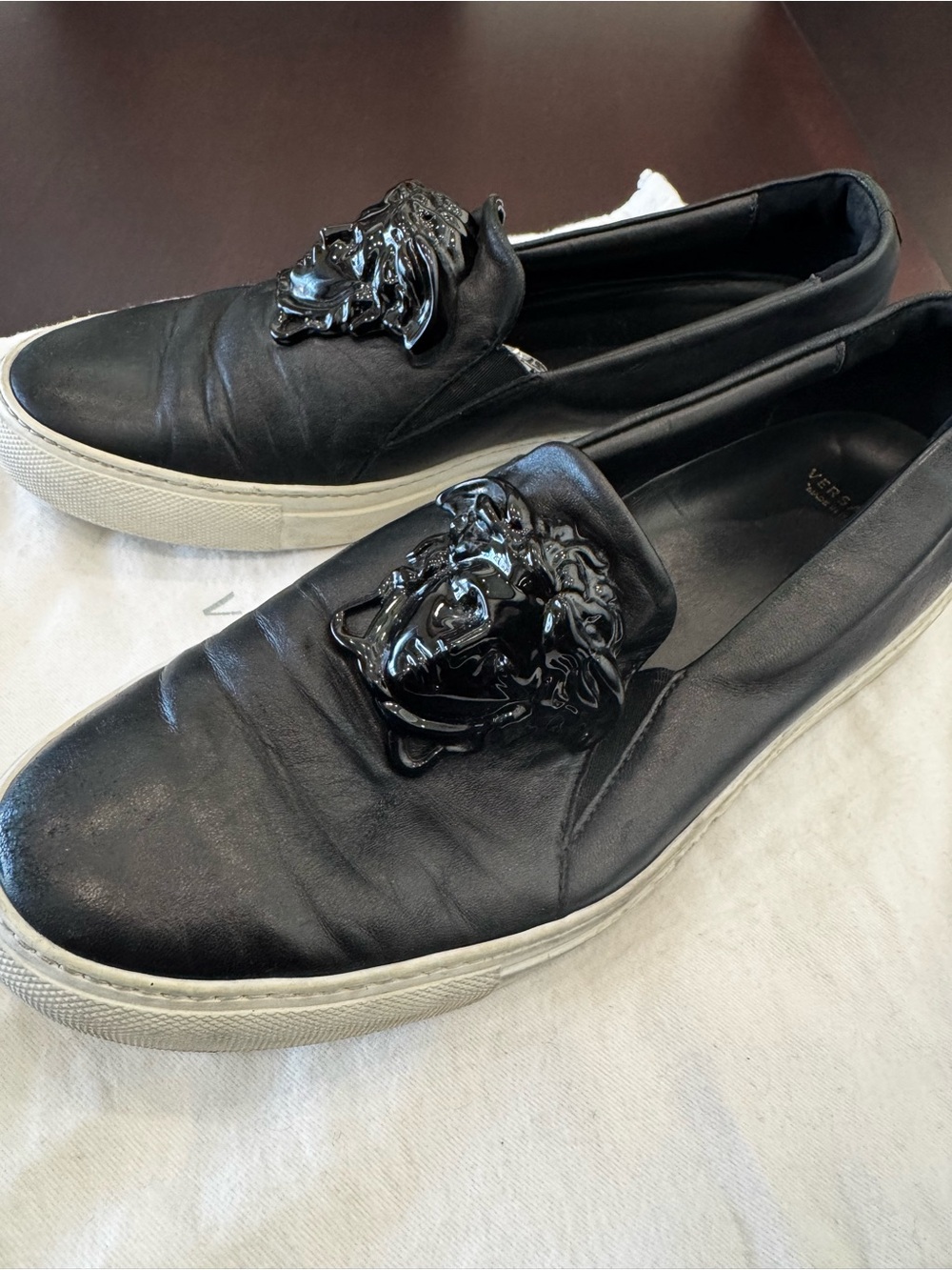 Versace Palazzo Men’s Black Leather Slip-On Sneakers with Medusa Emblem size 7.5
